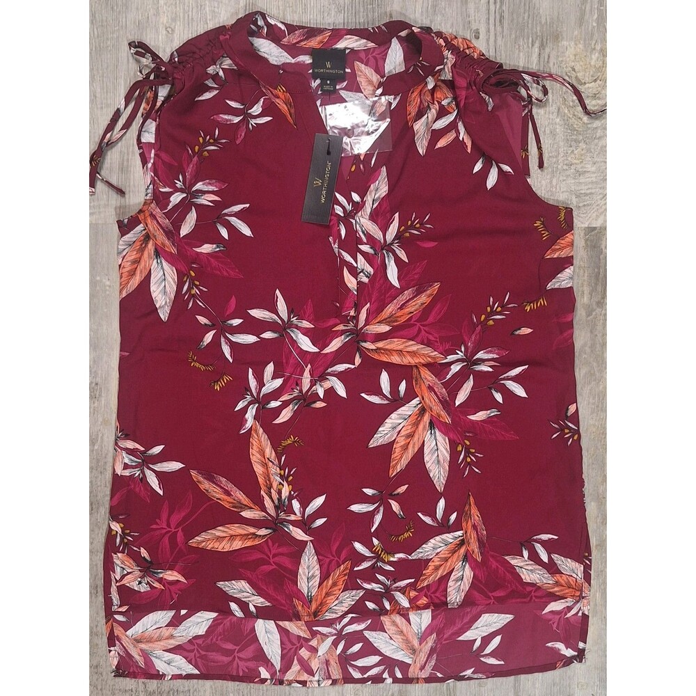 Worthington Women SM Floral Blouse Rose Wine Sleeveless High Low Spring Top NWT